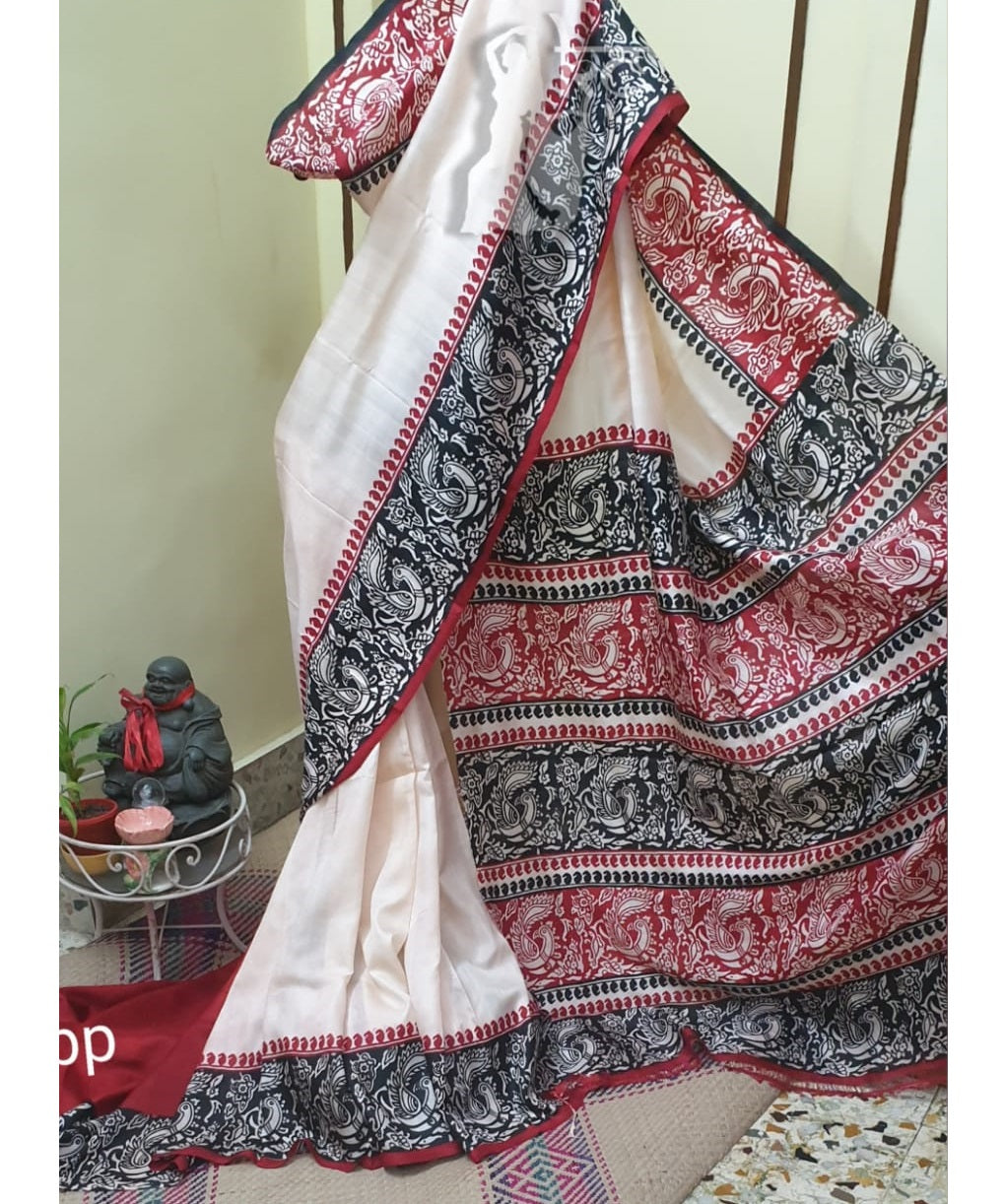 Cream Red Bishnupuri Silk Saree