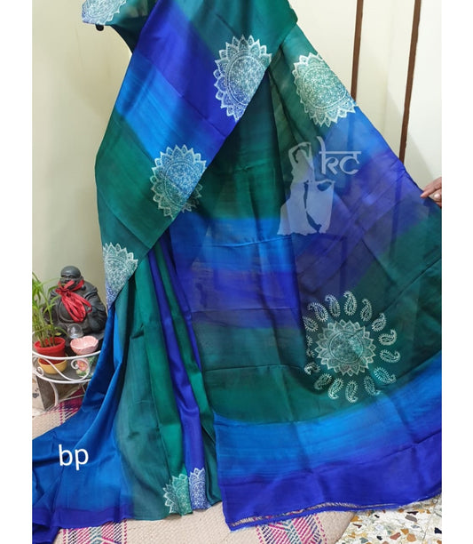PJDE20A032 Blue Green Hand Painted Pure Bishnupuri Silk Saree