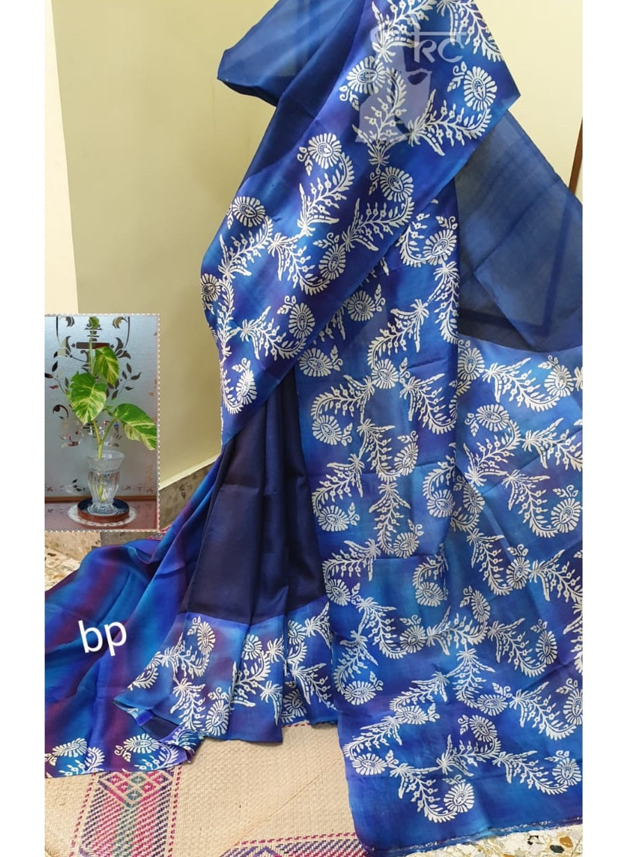 PJDE20A036 Blue White Hand Painted Pure Bishnupuri Silk Saree
