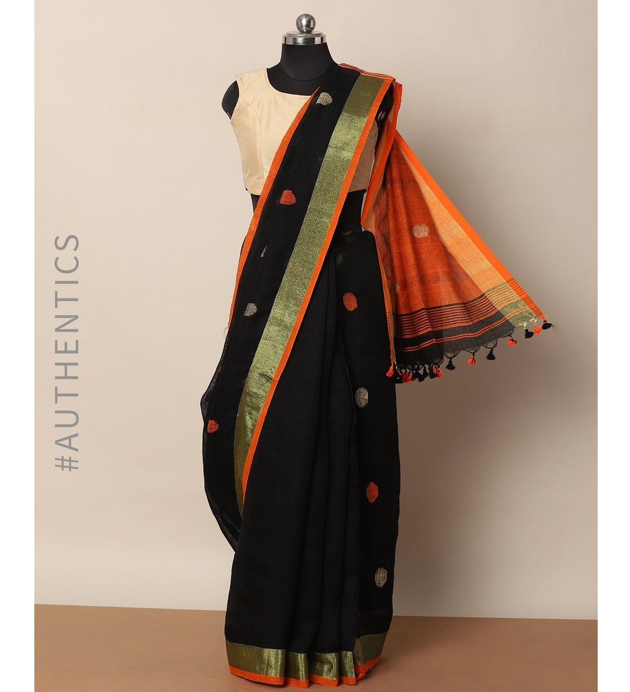 Black Orange Pure Handloom Linen Pure Saree
