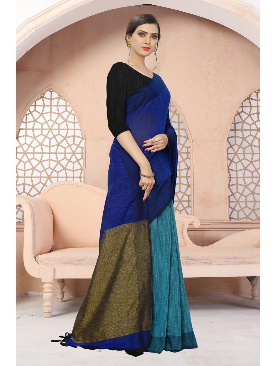 Blue Pure Handloom Linen Pure Saree