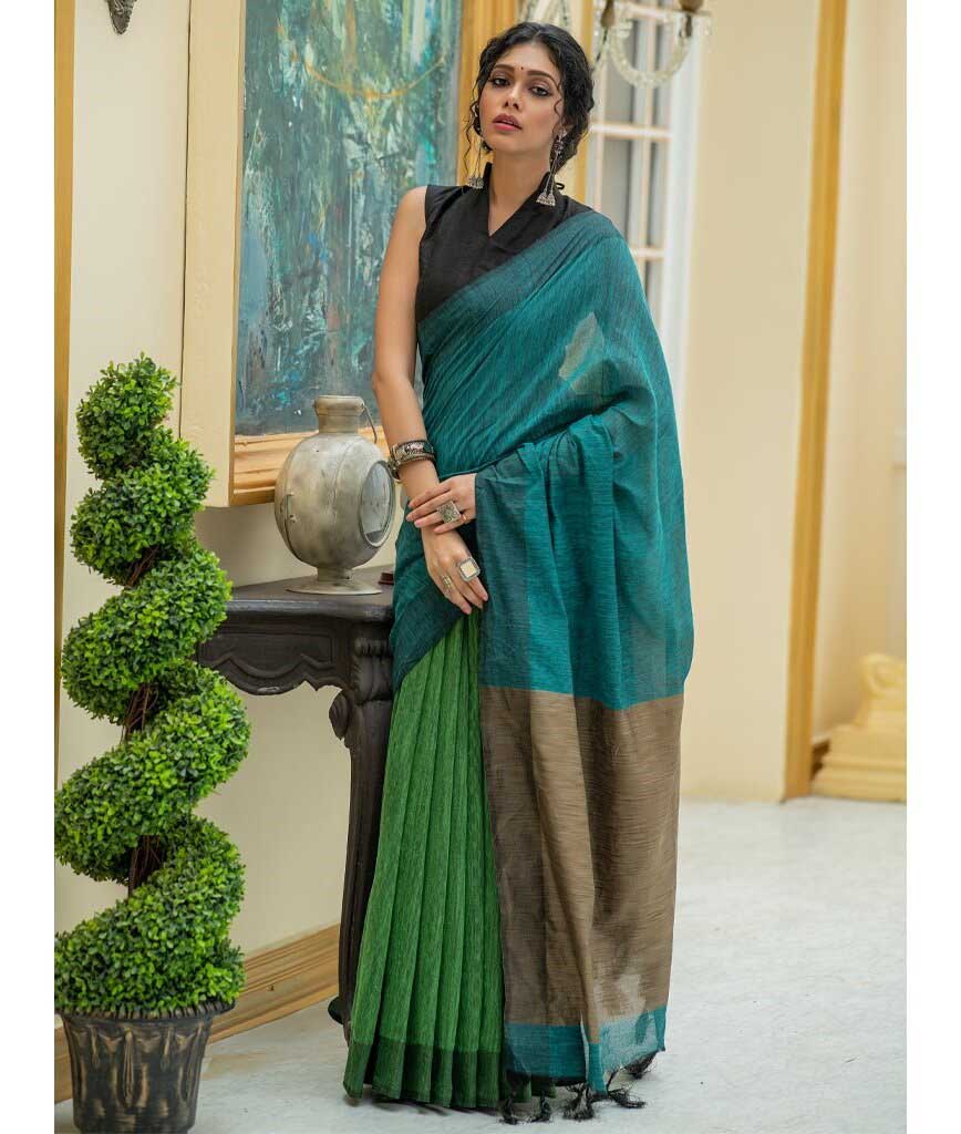 Blue Green Pure Handloom Linen Pure Saree