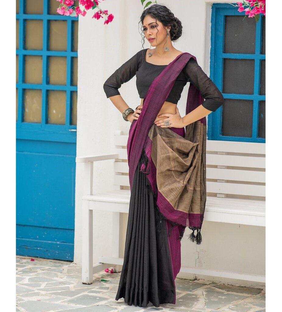 Purple Black Handloom Silk Cotton Saree Saree With Blouse 