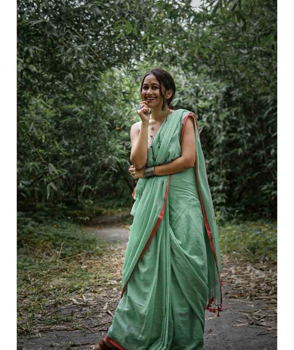 PistaGreen Red Bengal cotton Saree