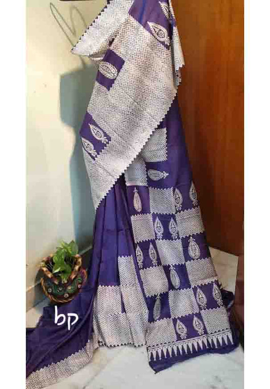 PJMR21A048 Violet White Block Printed Bishnupuri Silk Saree