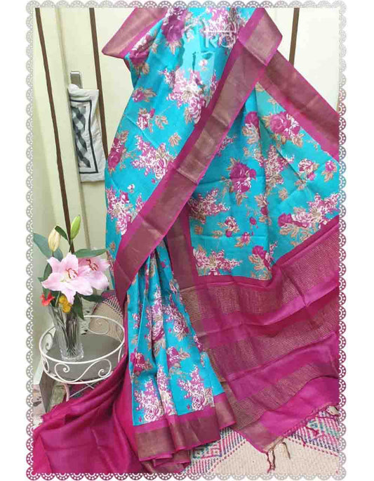 PJAP21A037 Skyblue Pink Hand Painted Tussar Silk Saree