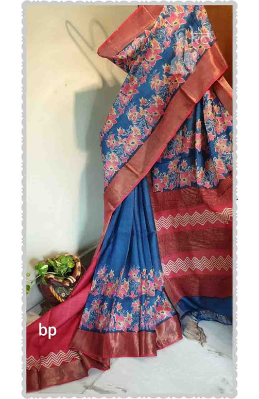 PJAP21A038 Blue Red Hand Painted Tussar Silk Saree