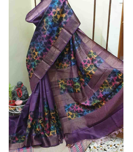 PJAP21A043 Purple Gold Hand Painted Tussar Silk Saree