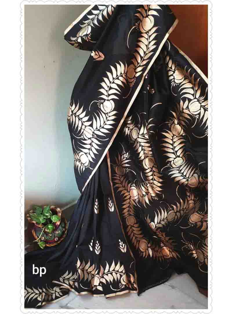 PJAP21A045 Black Gold Hand Paint Bishnupur Silk Saree