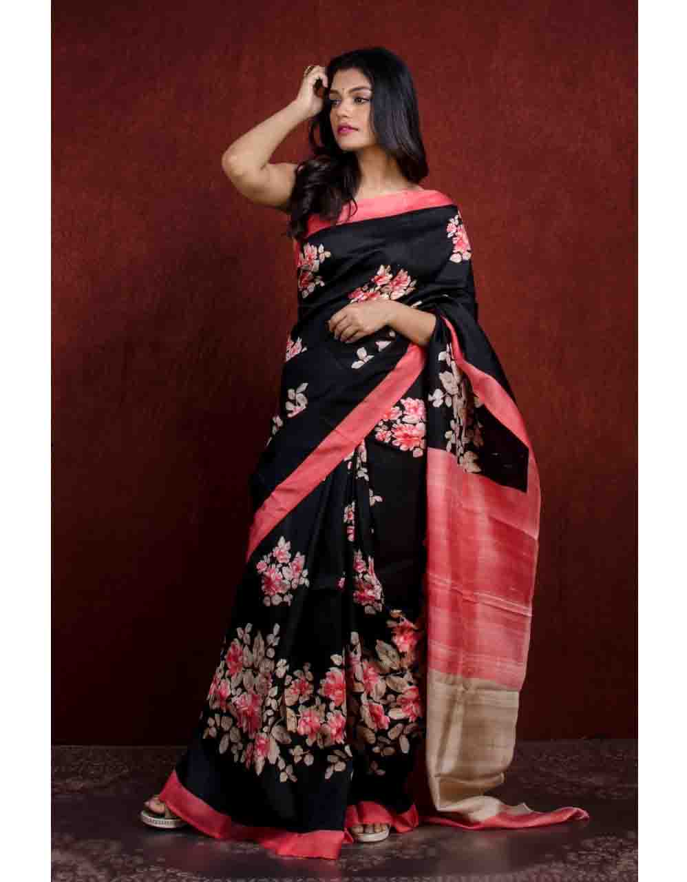 PJAP21A047 Black Peach Hand Paint Bishnupur Silk Saree