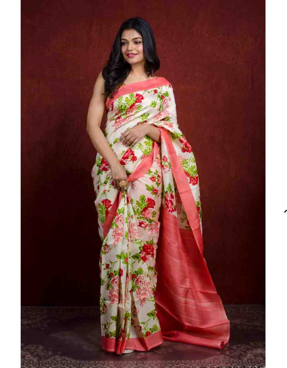 PJAP21A048 White Peach Hand Paint Bishnupur Silk Saree