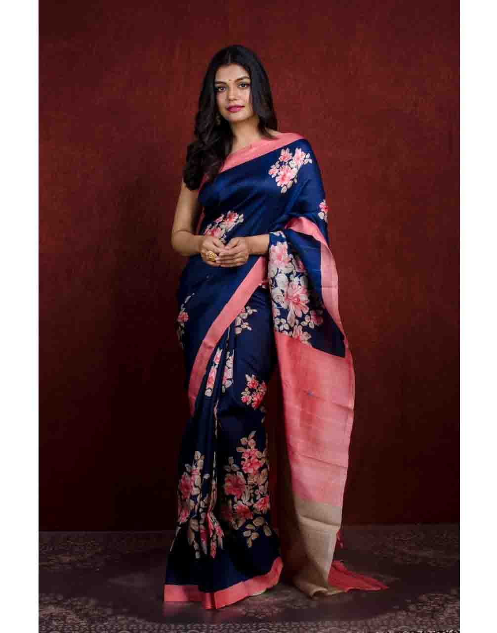 PJAP21A049 Blue Peach Hand Paint Bishnupur Silk Saree