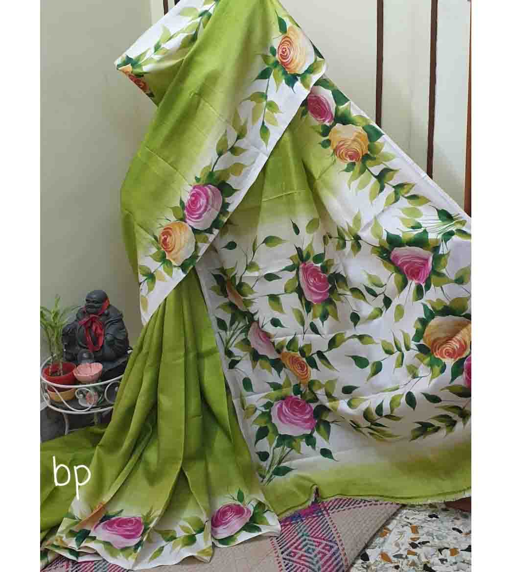 PJAP21A061 Green White Hand Paint Bishnupur Silk Saree