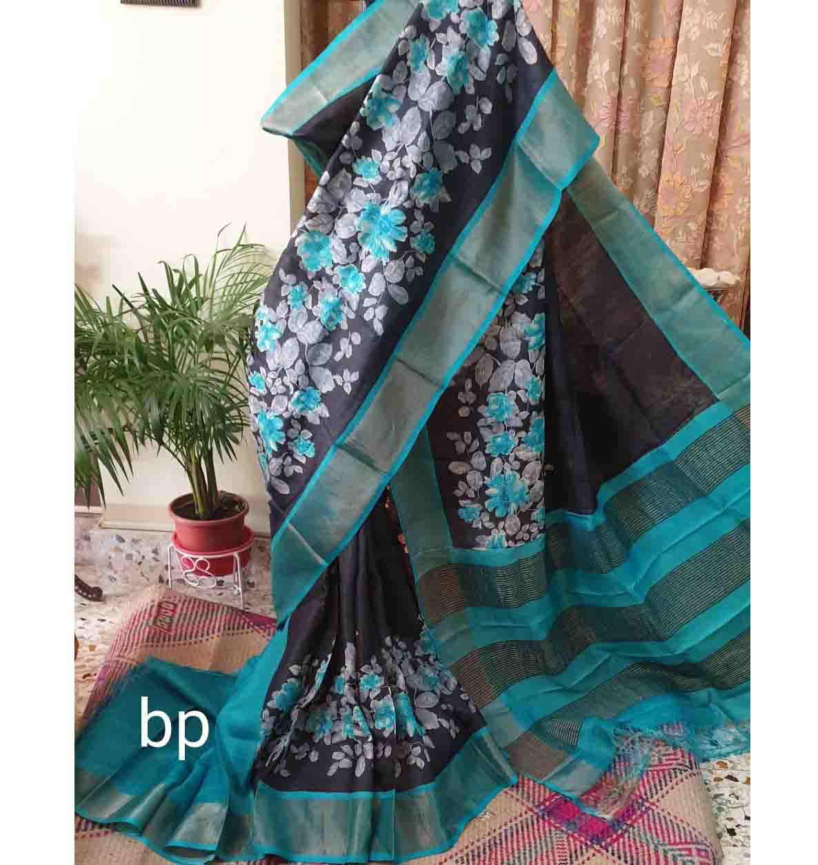 PJDC21A012 Black Blue Block Print Tussar Silk Saree