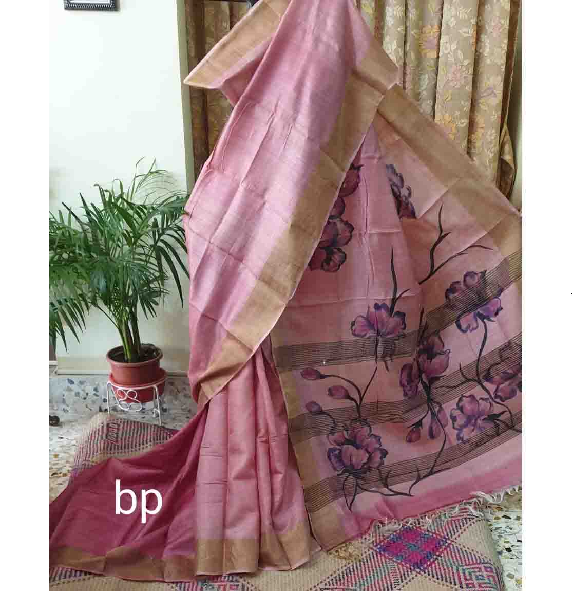PJDC21A015 Rose Gold Hand Painted Tussar Silk Saree