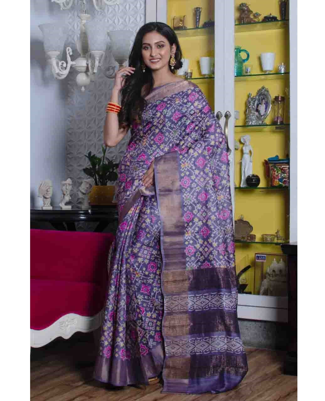 PJDC21A039 Violet Gold Block Print Tussar Silk Saree