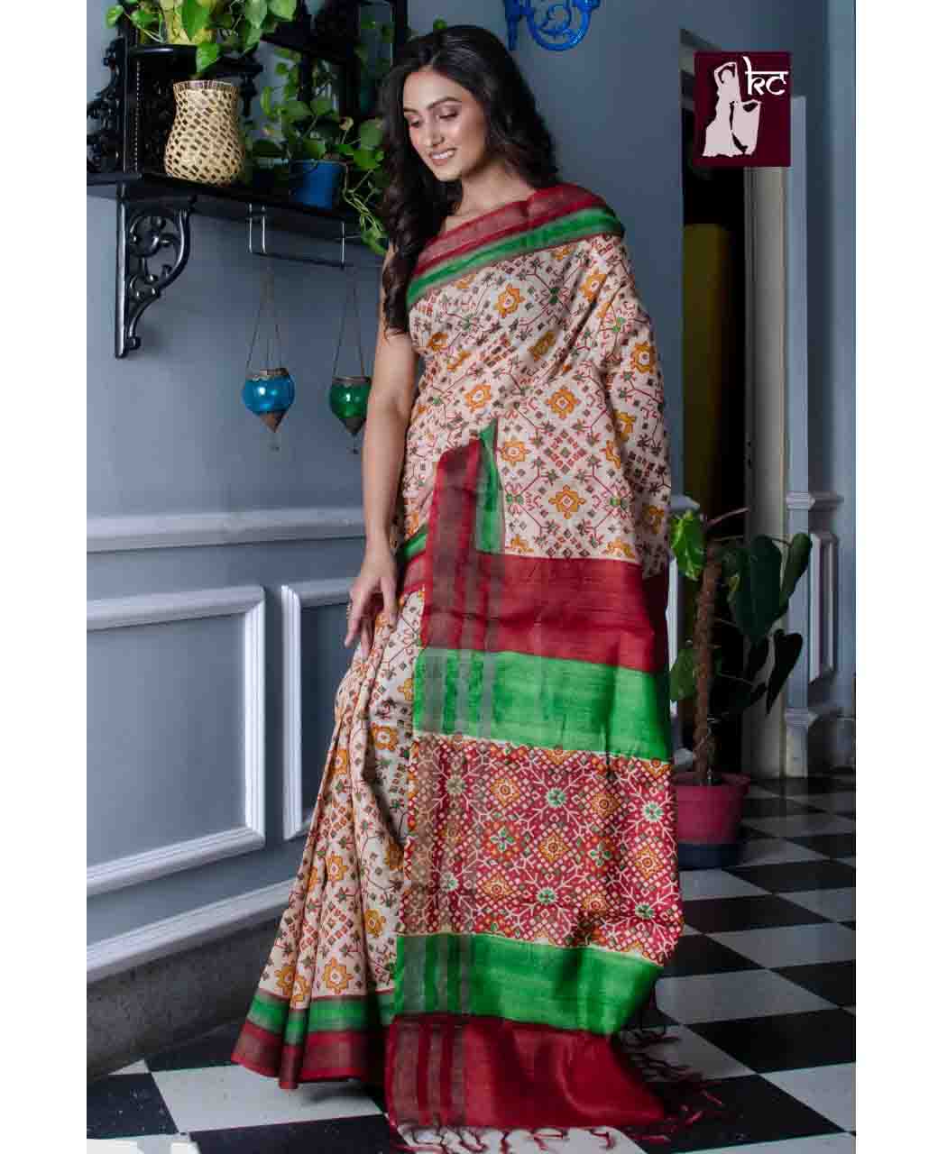 PJDC21A042 Cream Red Block Print Tussar Silk Saree