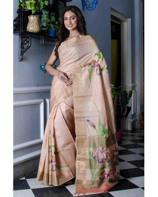 PJJA22A001 Cream Gold Hand Painted Tussar Silk Saree