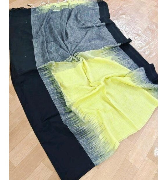 Yellow Black Bengal Cotton Saree