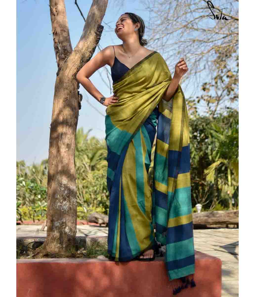 Green Blue Bengal Cotton Saree