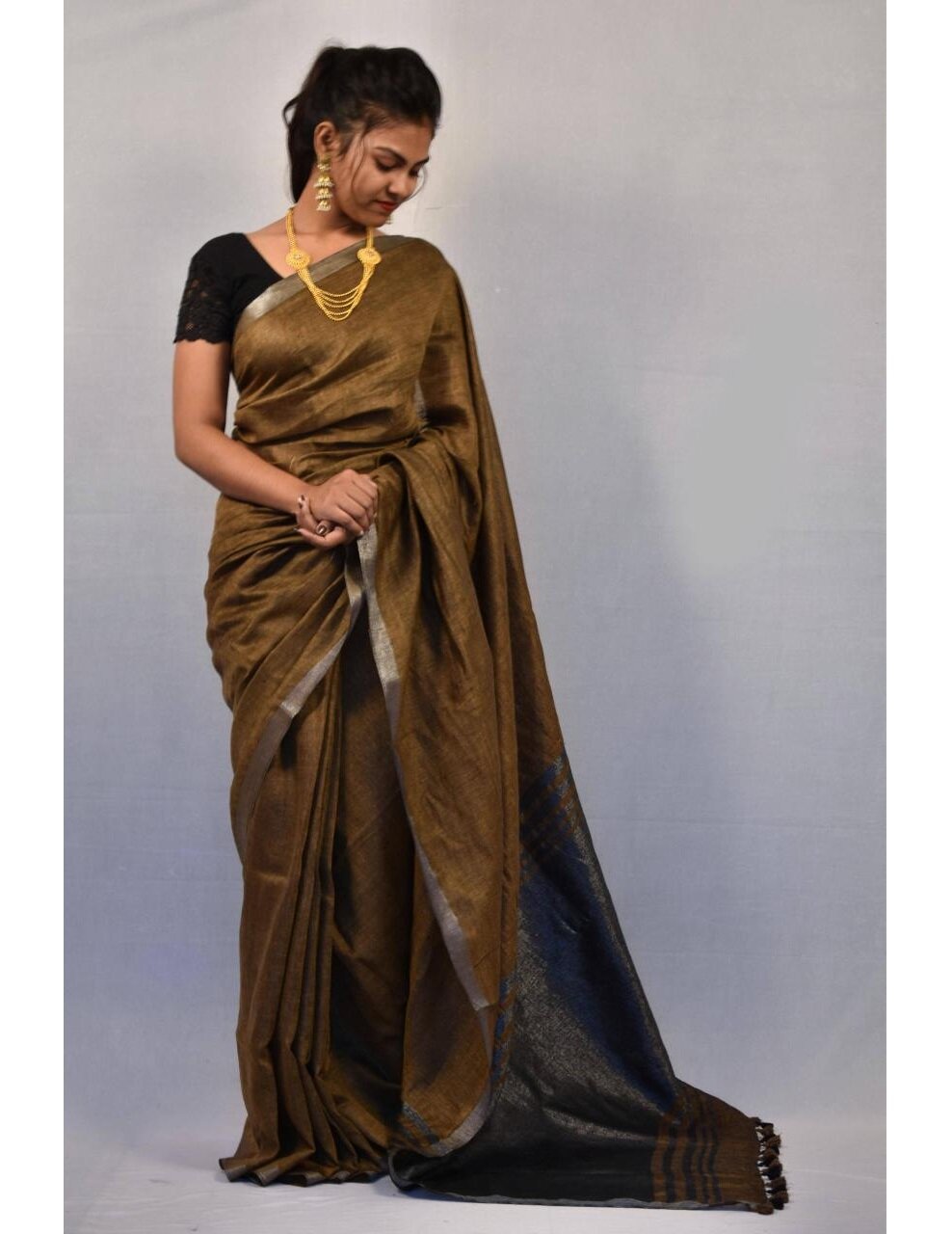 Brown Pure Handloom Linen Pure Saree
