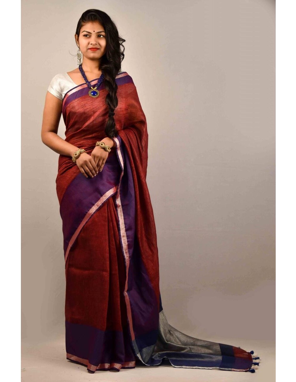 Red Purple Pure Handloom Linen Pure Saree