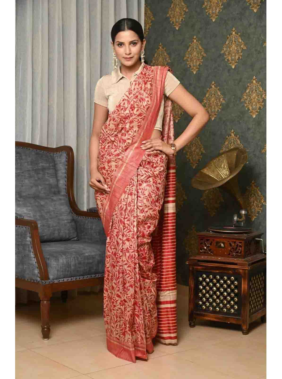 PJMR23A012 Cream Red Handloom Pure Tussar Gicha Silk Saree