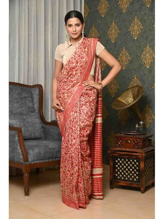 PJMR23A012 Cream Red Handloom Pure Tussar Gicha Silk Saree
