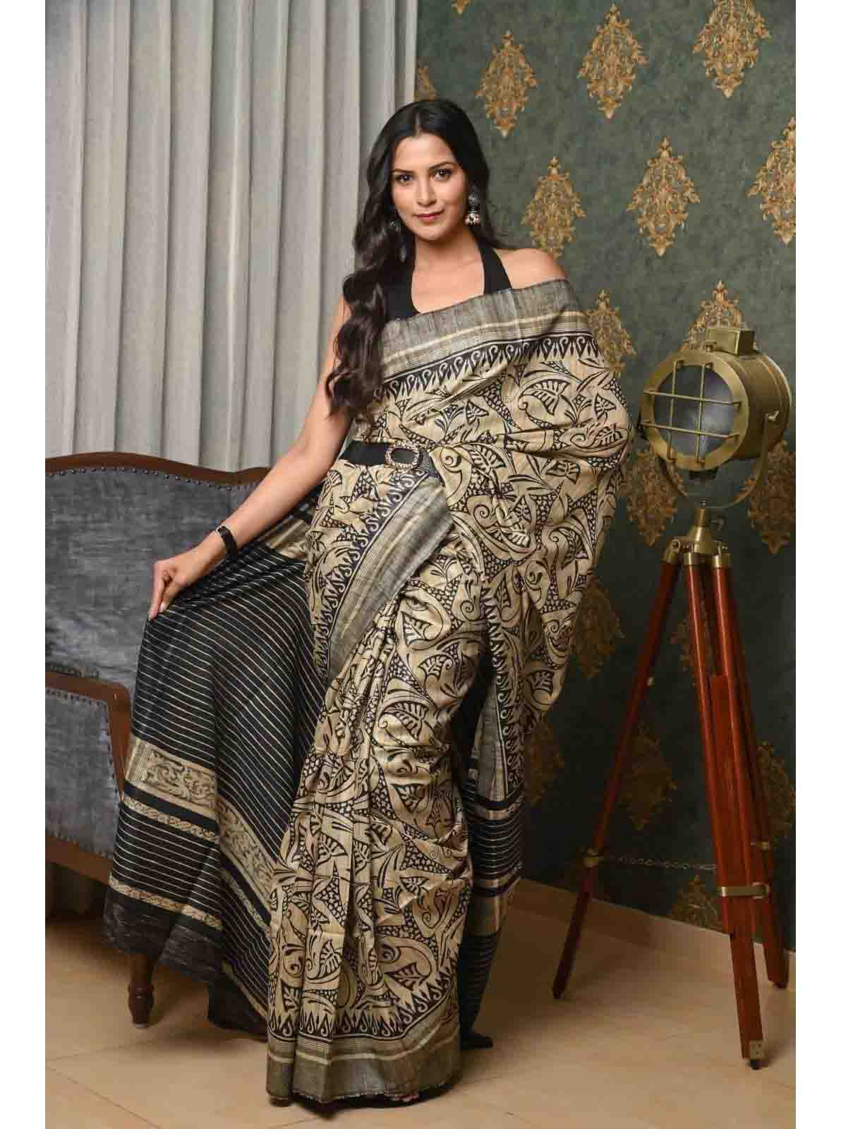 PJMR23A013 Cream Black Handloom Pure Tussar Gicha Silk Saree