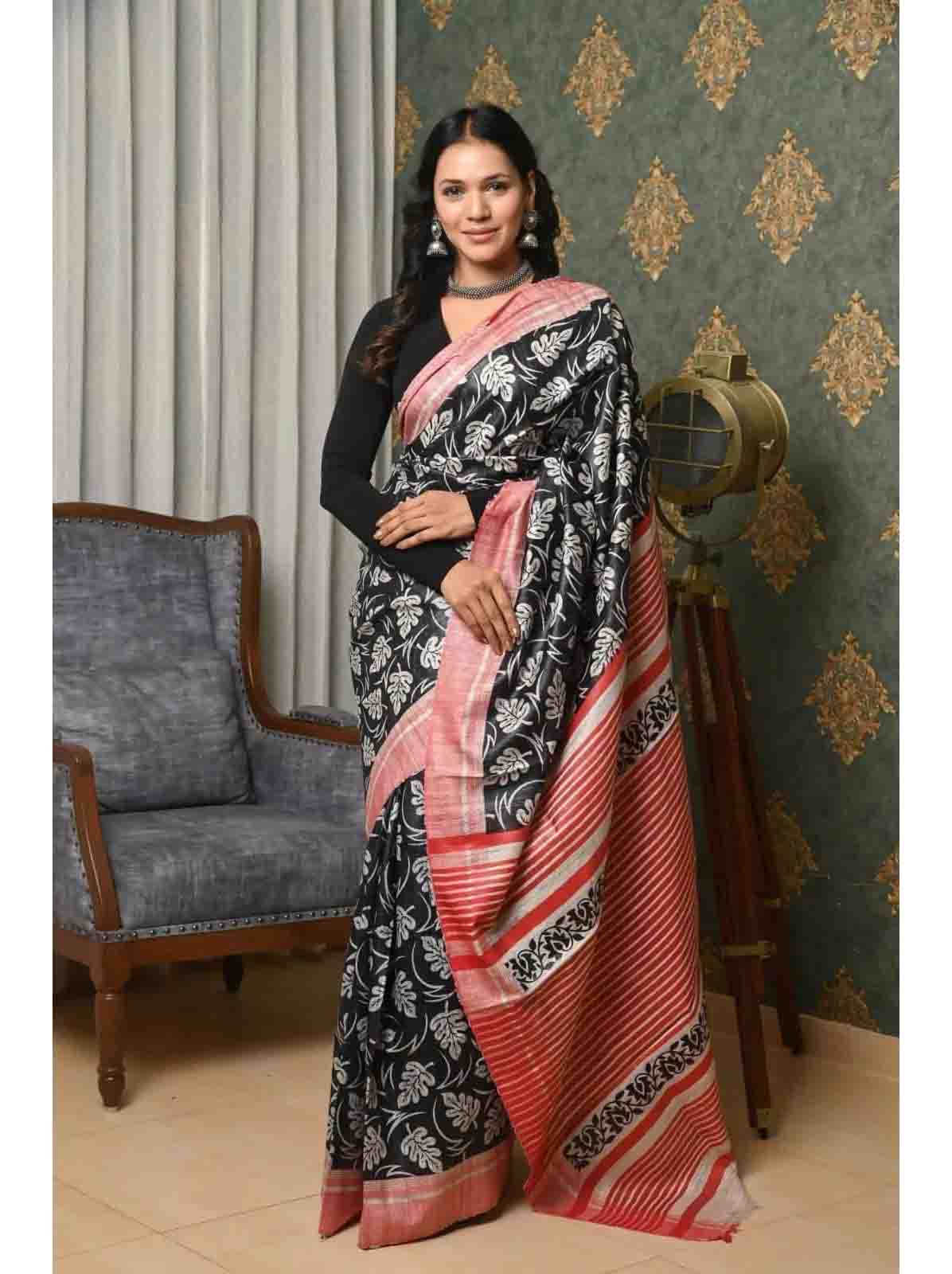 PJMR23A015 Black Red Handloom Pure Tussar Gicha Silk Saree