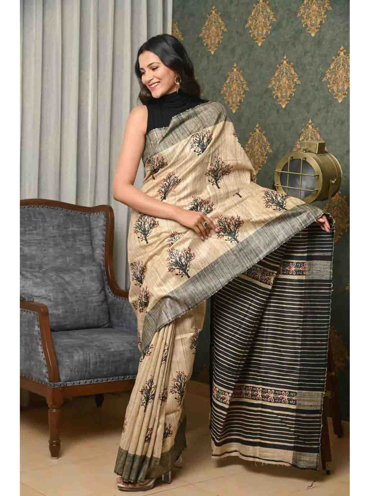 PJMR23A016 Cream Black Handloom Pure Tussar Gicha Silk Saree