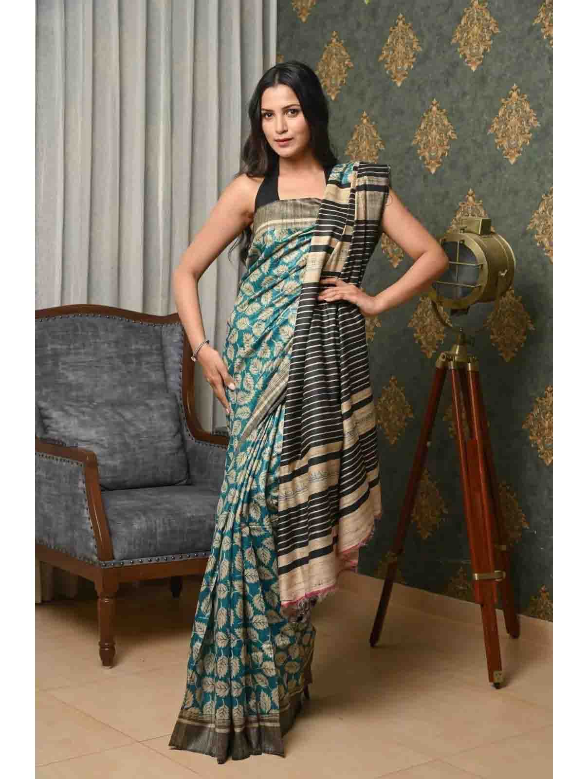 PJMR23A017 Blue Black Handloom Pure Tussar Gicha Silk Saree