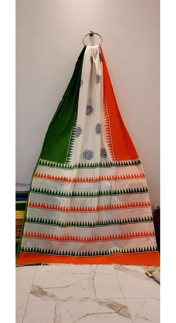 White Green Hand Painted Kerala cotton saree