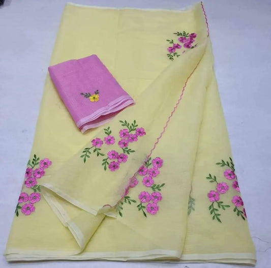 Yellow Pink Pure Embroidery Kota Cotton Saree