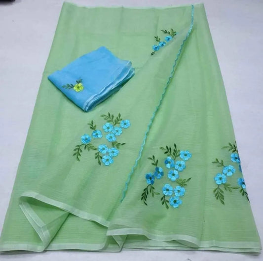 Green Blue Pure Embroidery Kota Cotton Saree