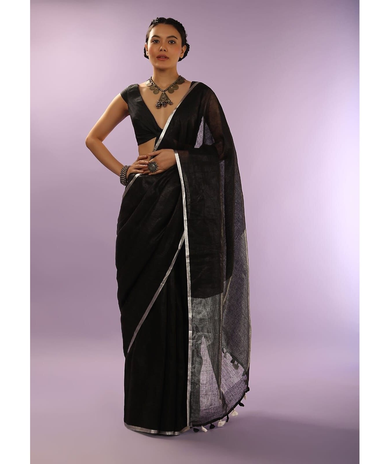 Black Silver Pure Handloom Linen Saree