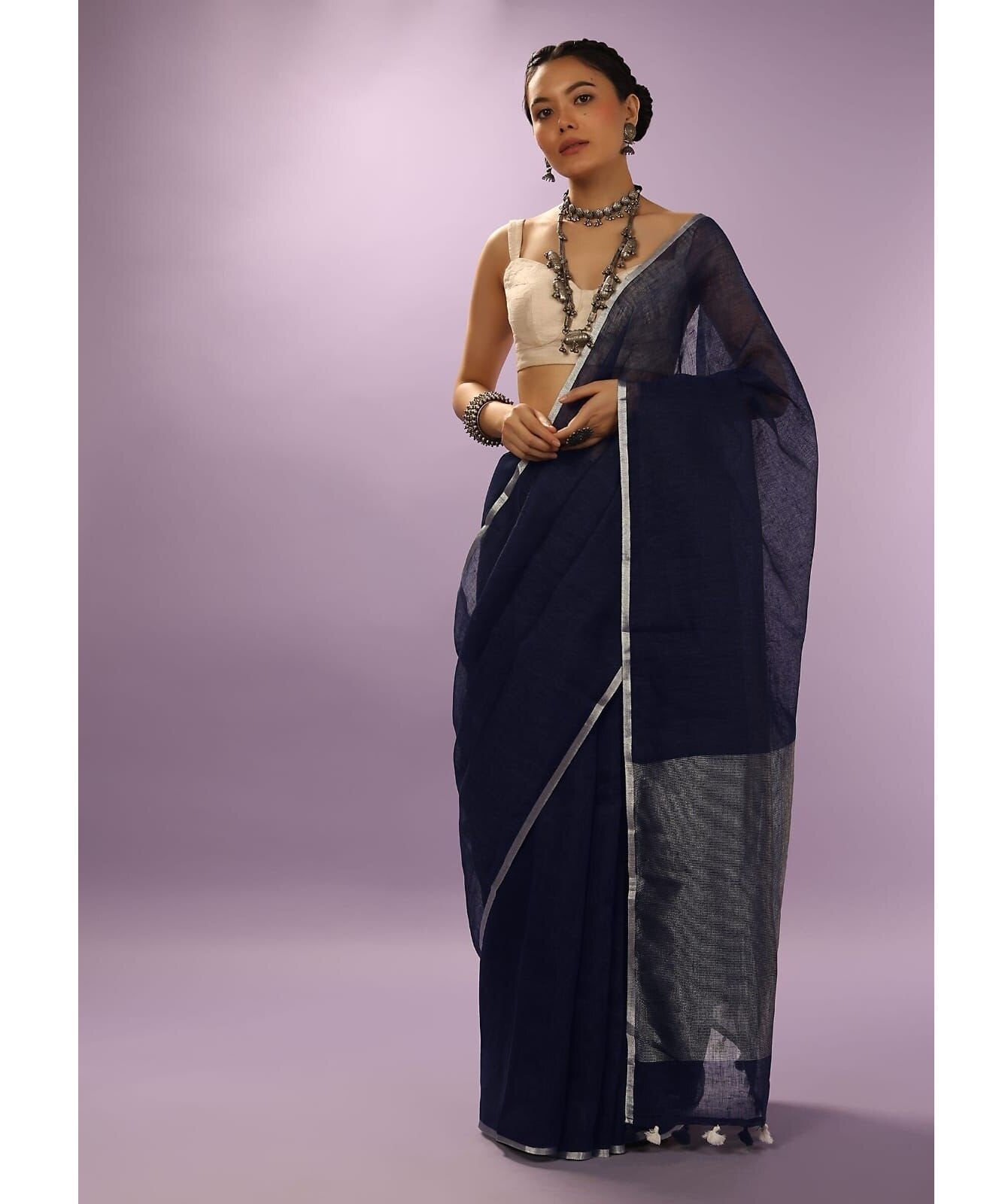 Blue Silver Pure Handloom Linen Saree