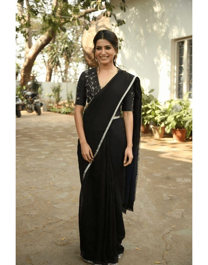 Black Silver Pure Handloom Linen Saree