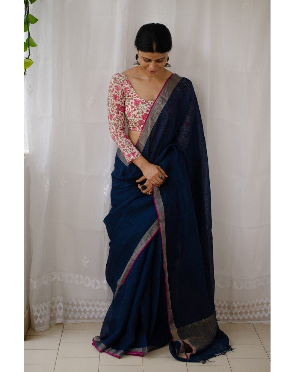 Blue Pink Pure Handloom Linen Saree