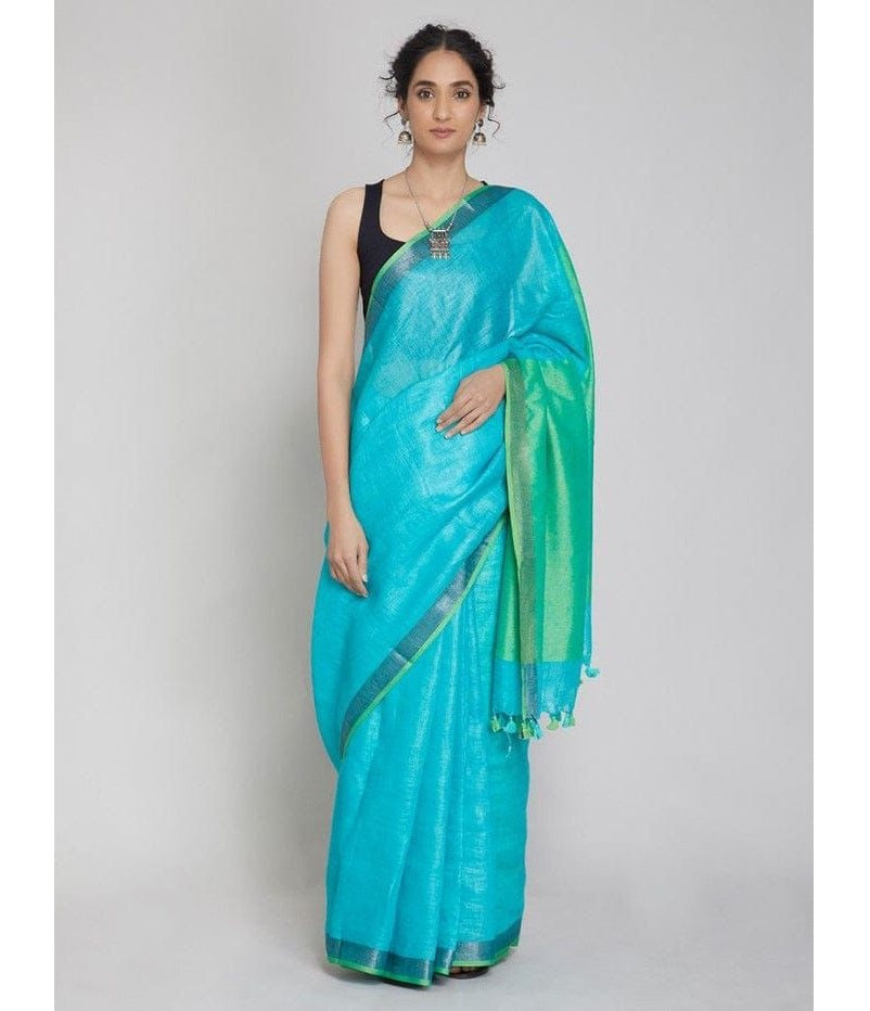 Blue Green Pure Handloom Linen Saree