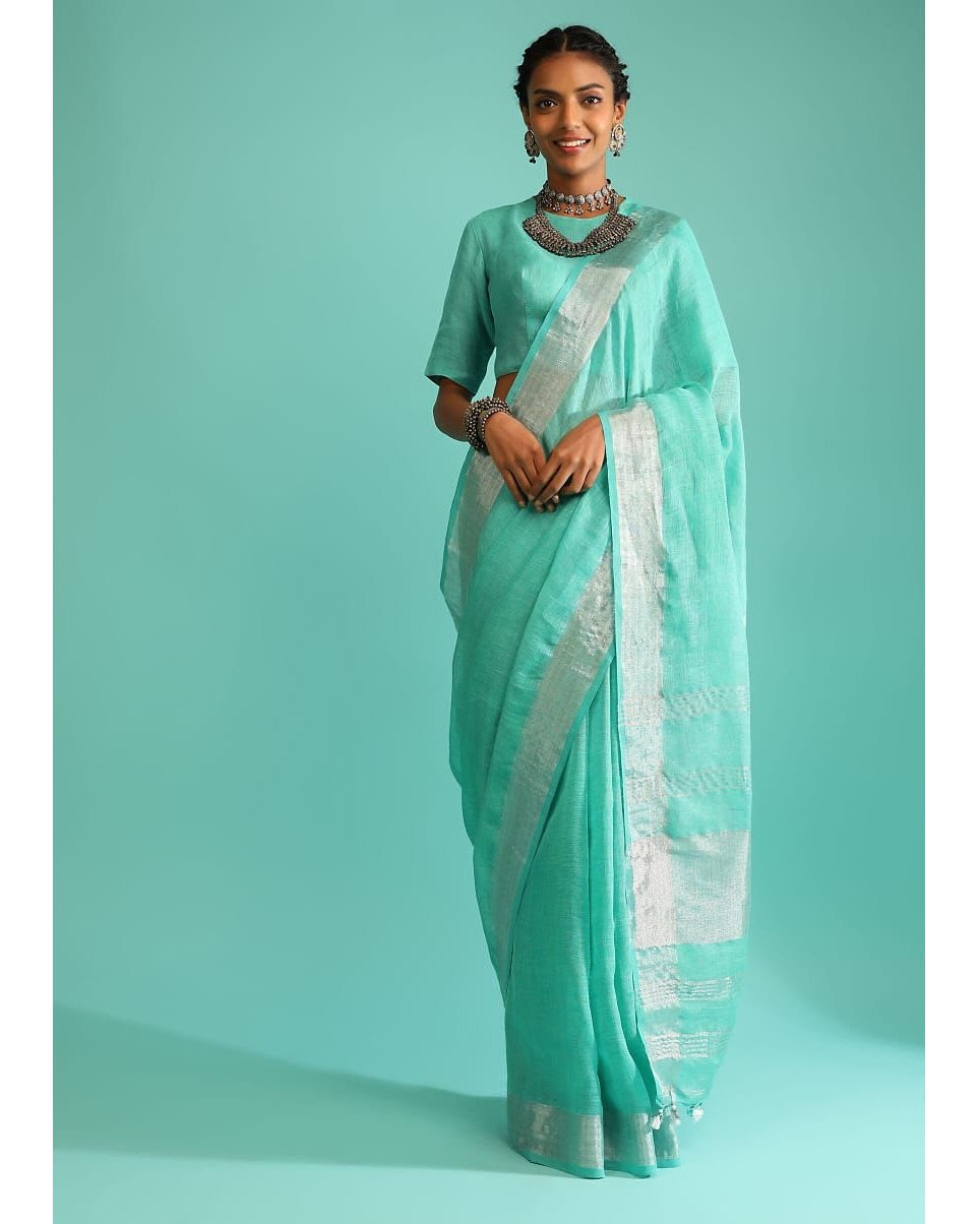 Blue Silver Pure Handloom Linen Saree
