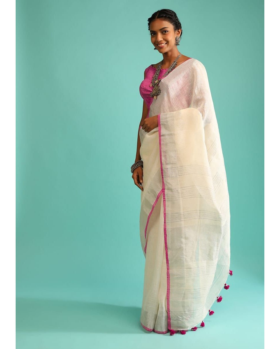 White Rose Pure Handloom Linen Saree