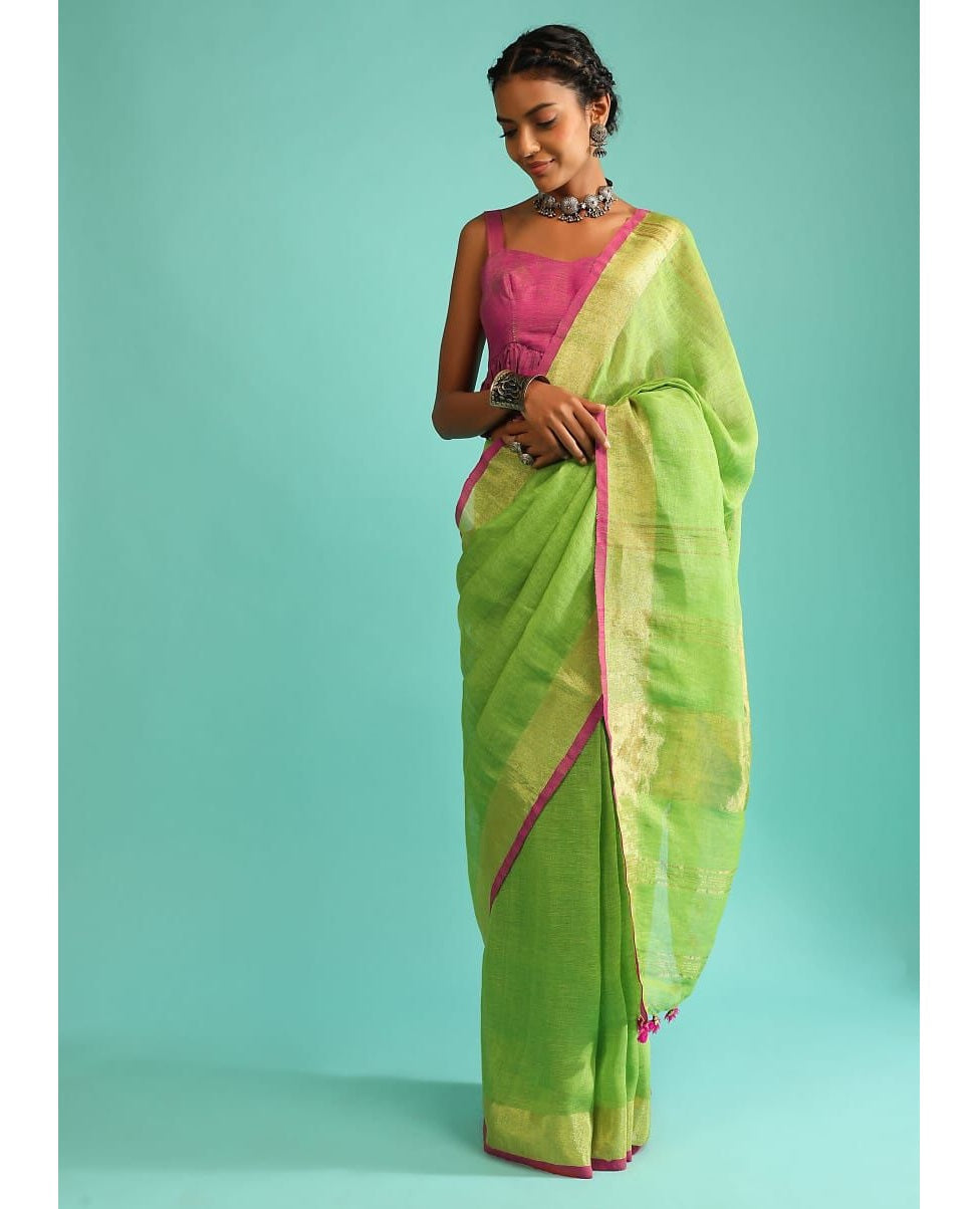 Green Rose Pure Handloom Linen Saree