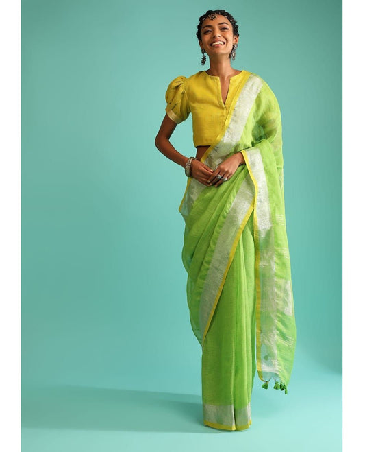 Green Yellow Pure Handloom Linen Saree