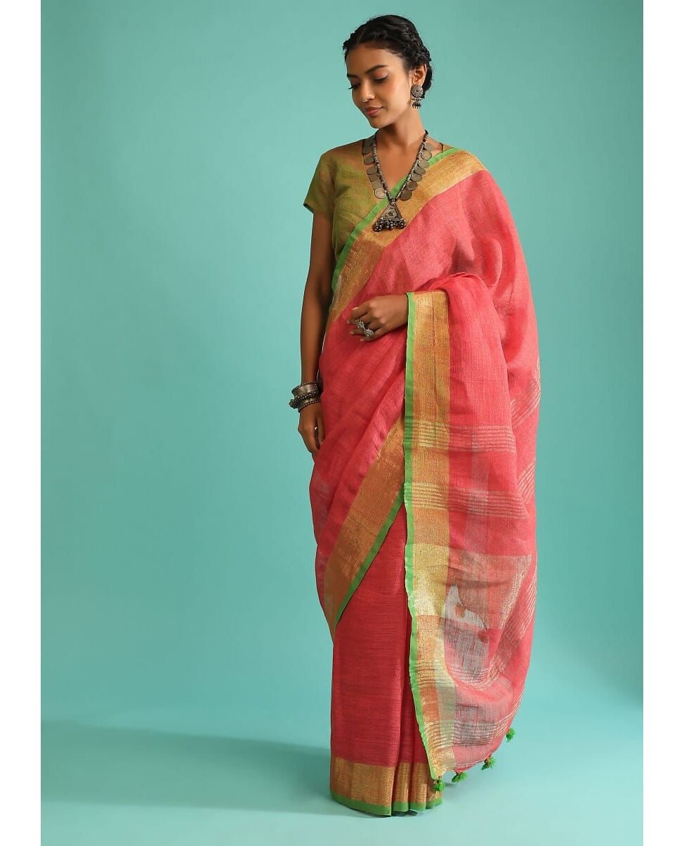 Peach Green Pure Handloom Linen Saree