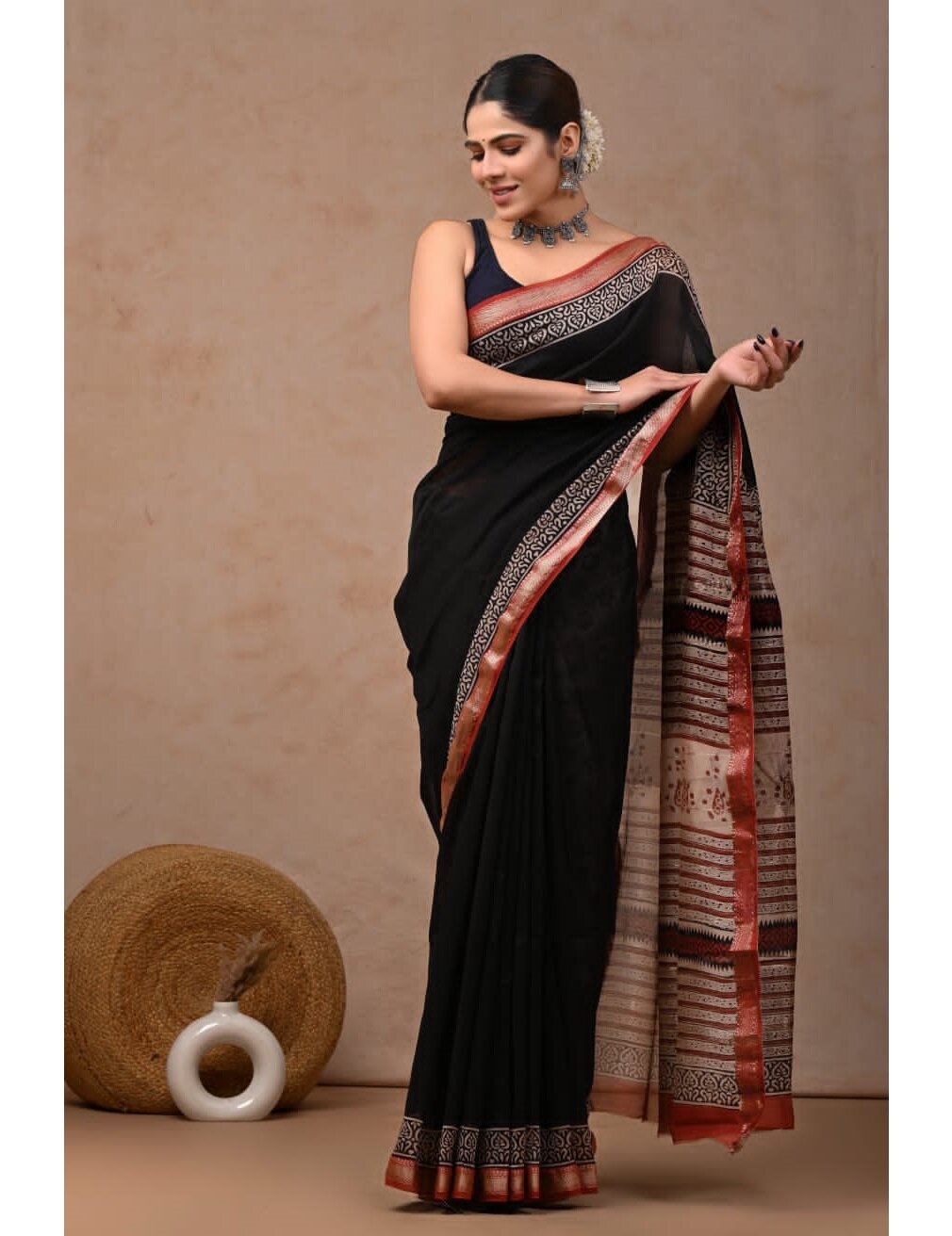 Black Red Hand Block Printed Maheswari Silk Saree