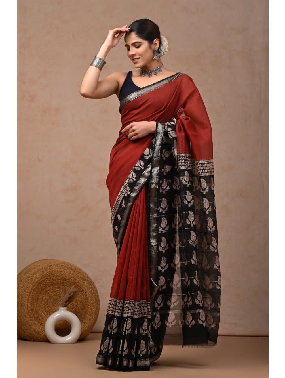 Red Black Hand Block Printed Maheswari Silk Saree