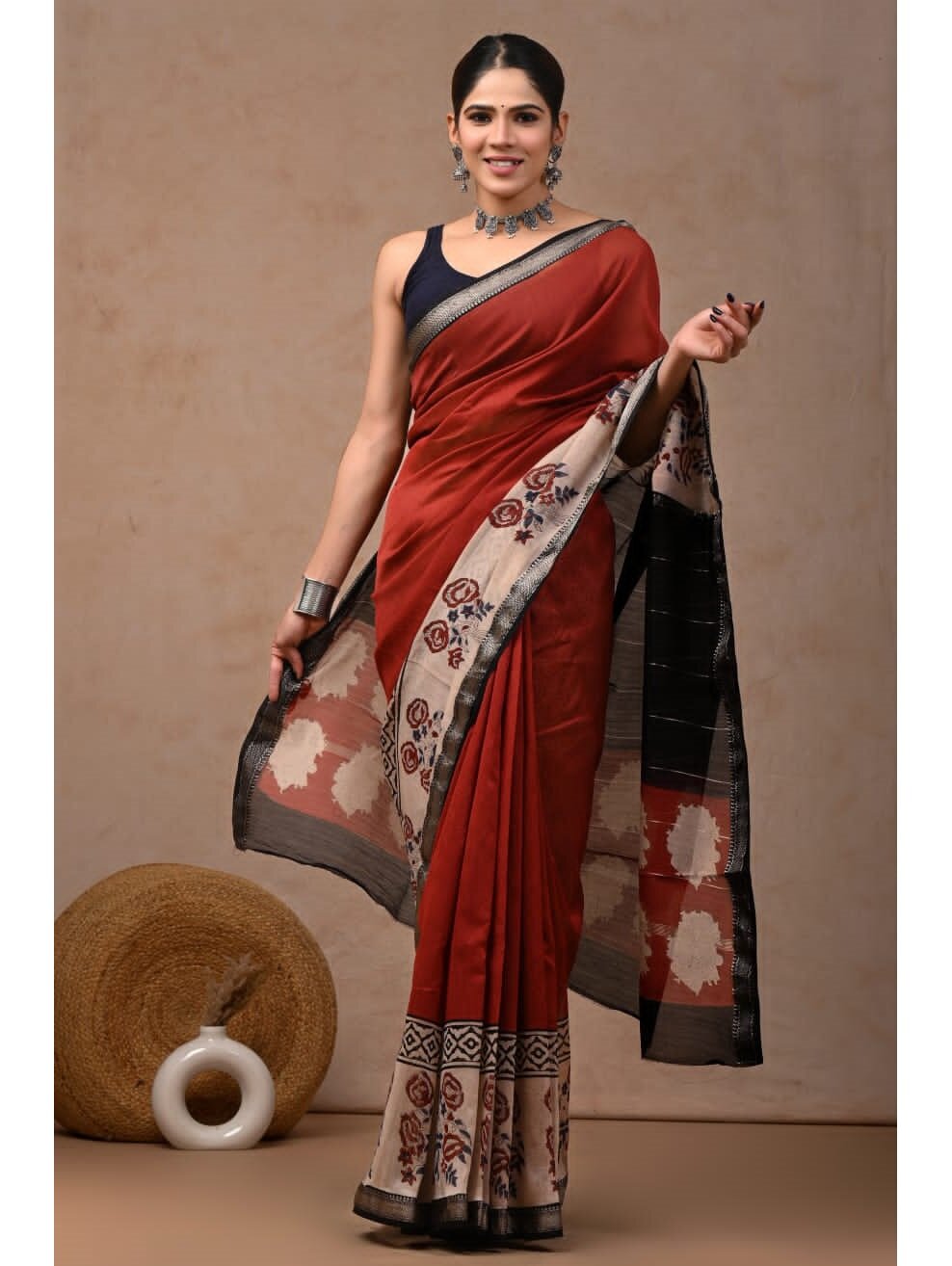 Red Black Hand Block Printed Maheswari Silk Saree