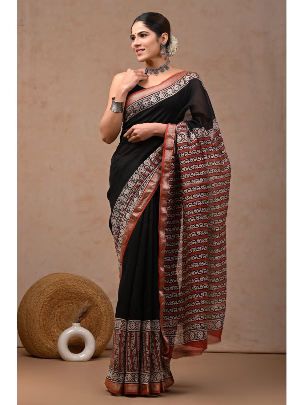 Black Red Hand Block Printed Maheswari Silk Saree