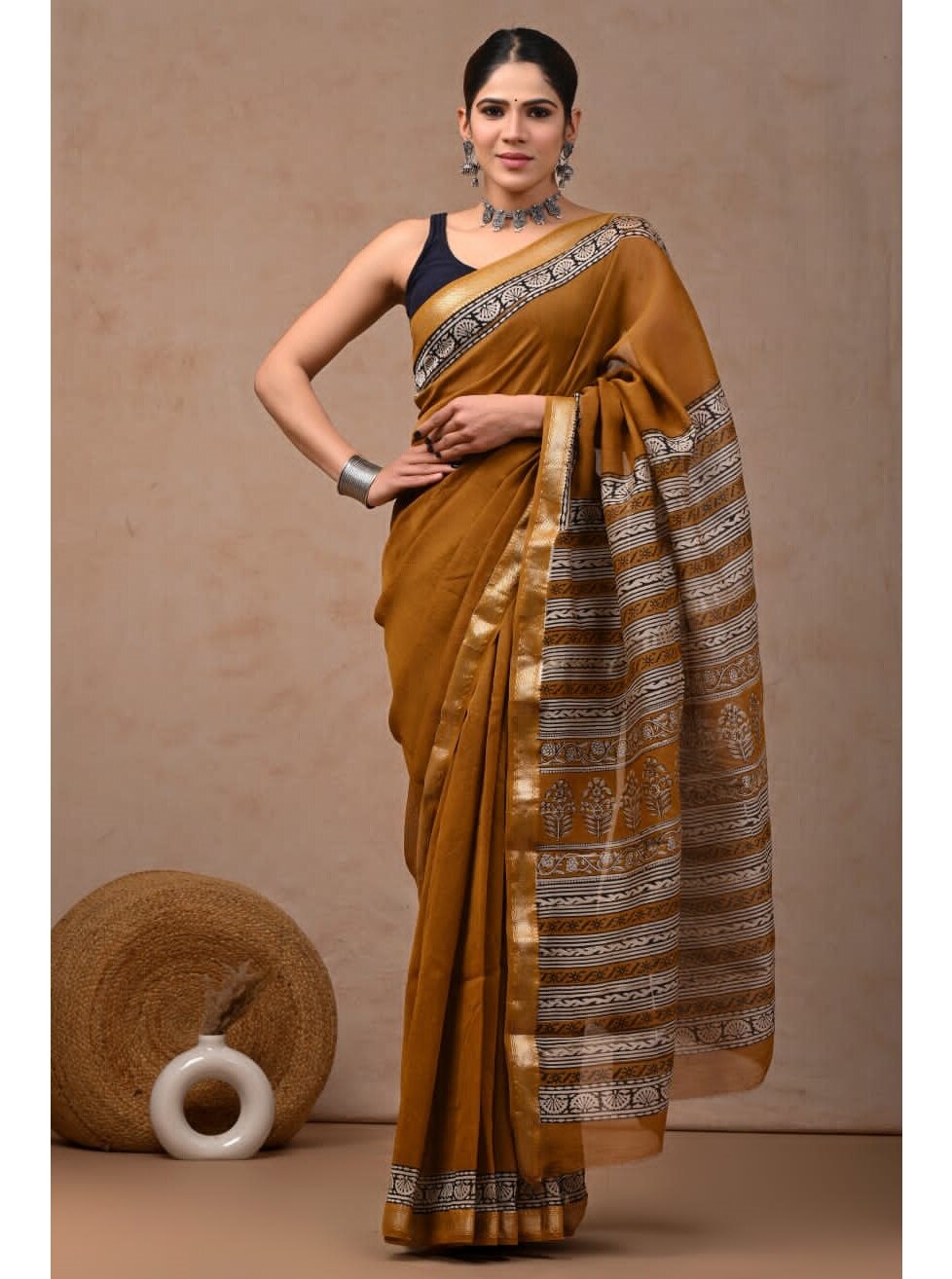 Brown Gold Hand Block Printed Maheswari Silk Saree